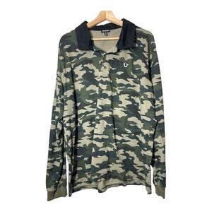 True Religion Long Sleeve Camouflage Shirt Polo Size 2XL Mens Camo XXL Green Blk